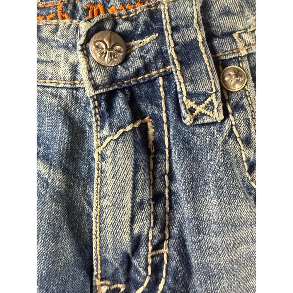 Rock Revival Richie Slim Straight Jeans Mens 34 Blue Distressed‎ Thick Stitch